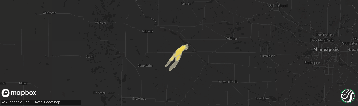 Hail map in Dawson, MN on August 14, 2025