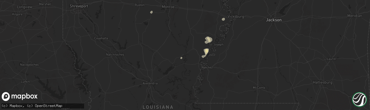 Hail map in Harrisonburg, LA on August 14, 2025
