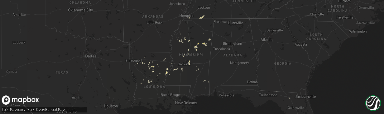 Hail map in Mississippi on August 14, 2025