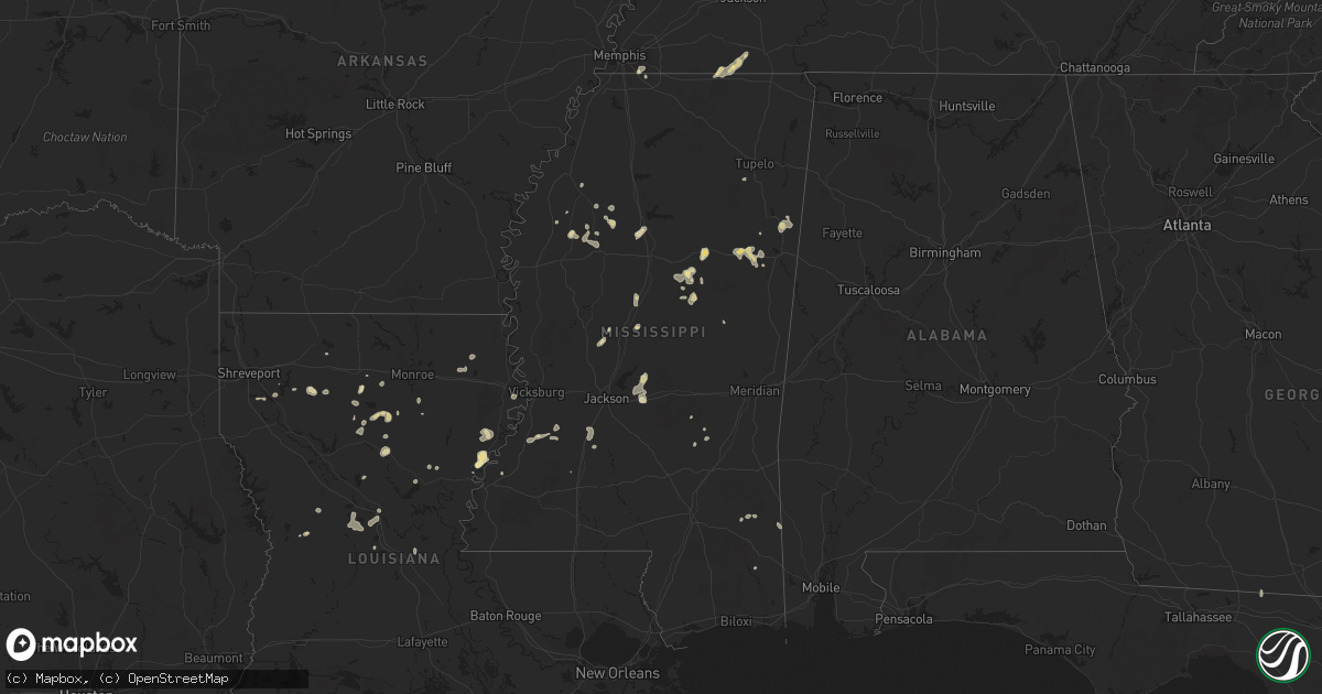Hail map in Mississippi on August 14, 2025