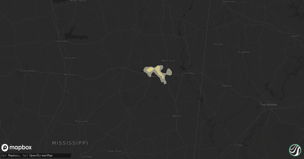 Hail map in Starkville, MS on August 14, 2025