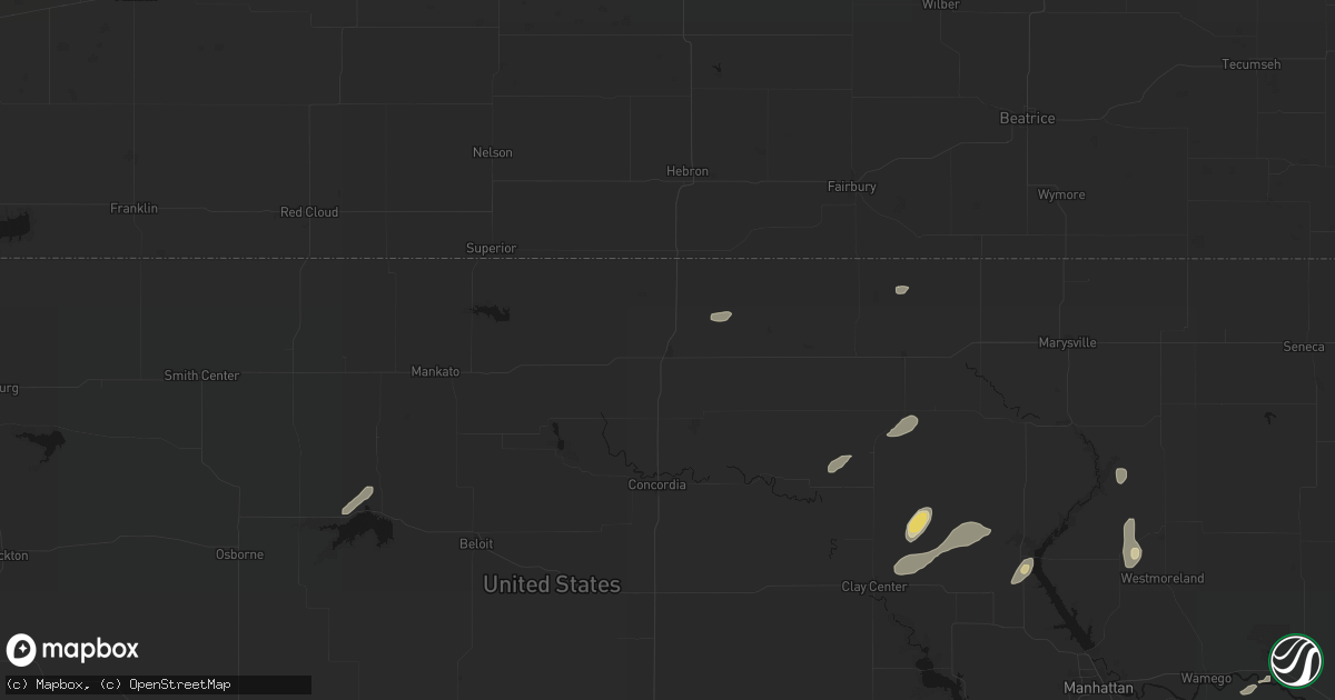 Hail map in Belleville, KS on August 14, 2026