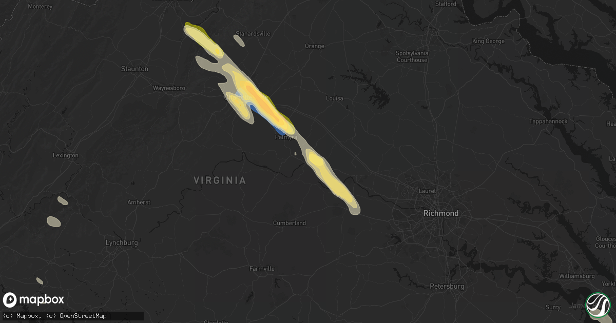 Hail map in Columbia, VA on August 14, 2026