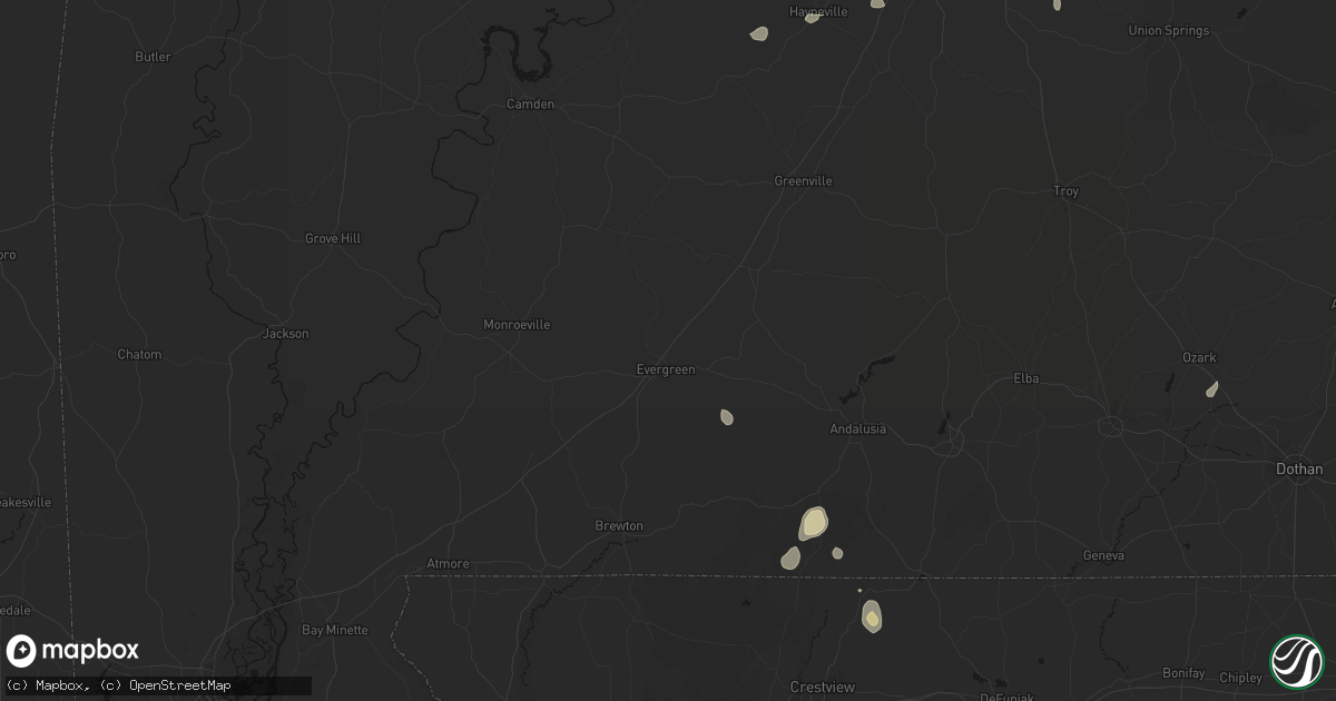 Hail map in Evergreen, AL on August 14, 2026
