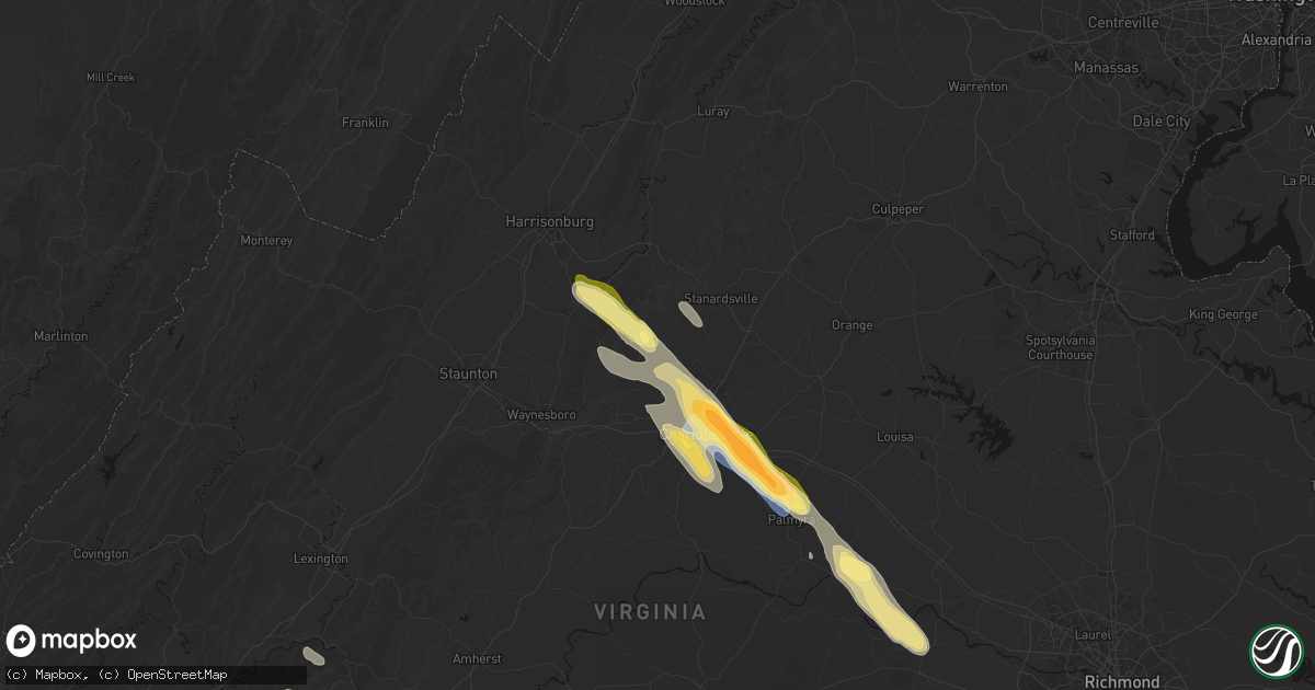 Hail map in Free Union, VA on August 14, 2026