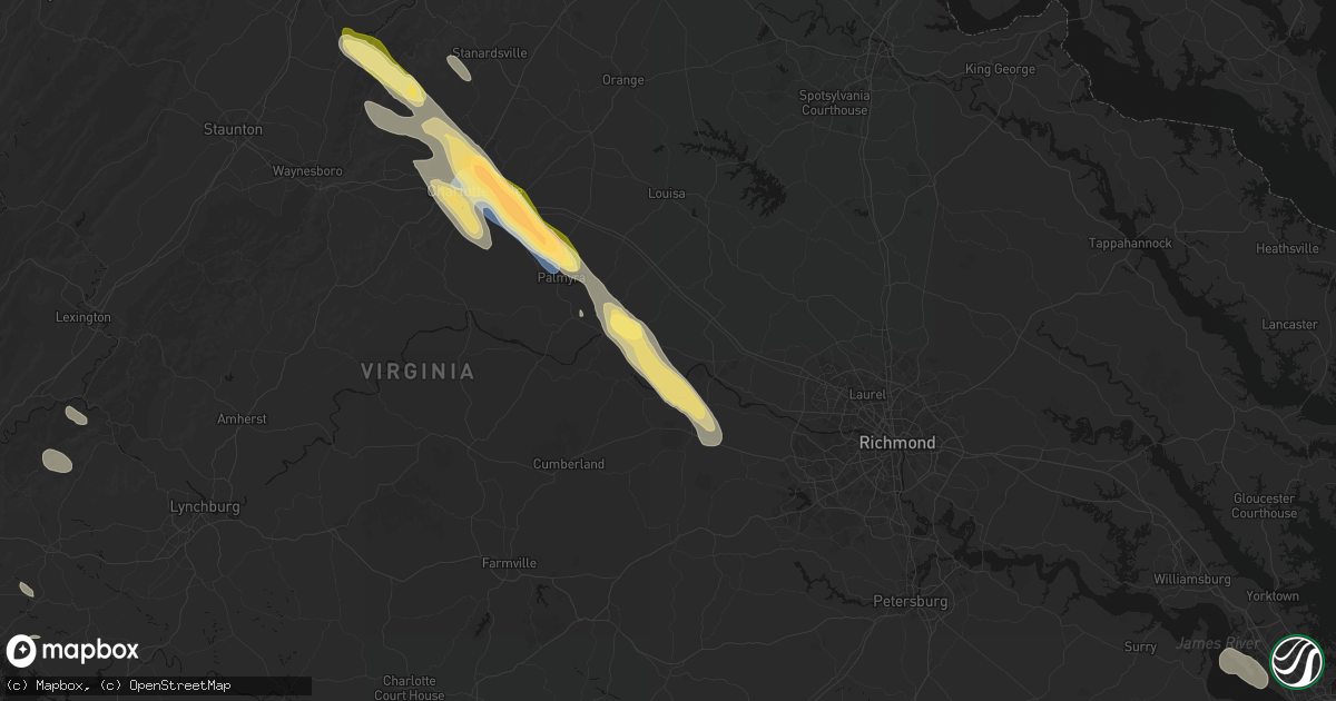 Hail map in Goochland, VA on August 14, 2026