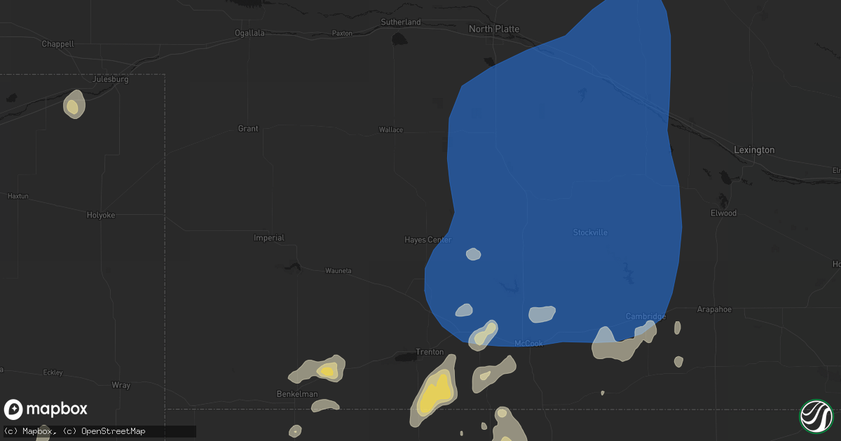 Hail map in Hayes Center, NE on August 14, 2026