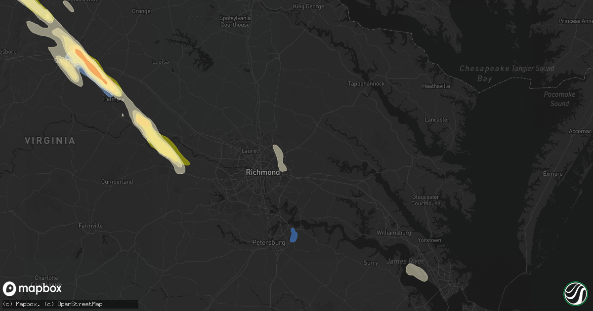 Hail map in Mechanicsville, VA on August 14, 2026