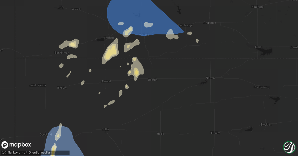 Hail map in Oberlin, KS on August 14, 2026