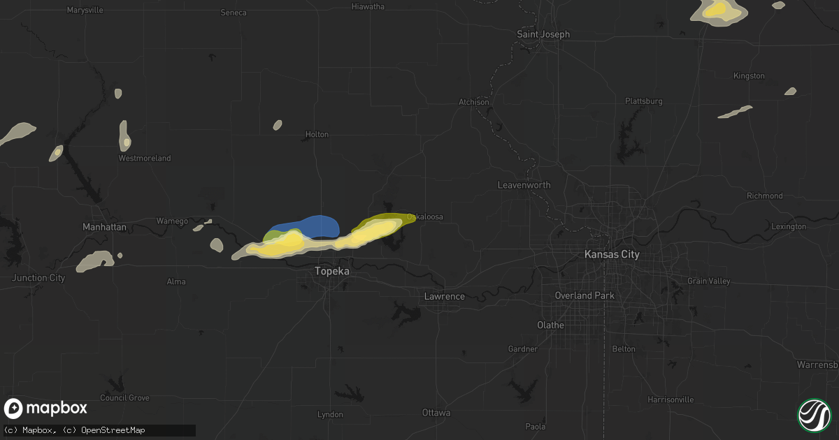 Hail map in Oskaloosa, KS on August 14, 2026