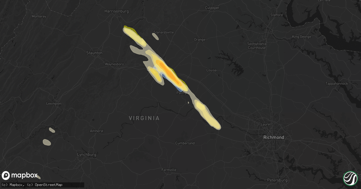 Hail map in Palmyra, VA on August 14, 2026