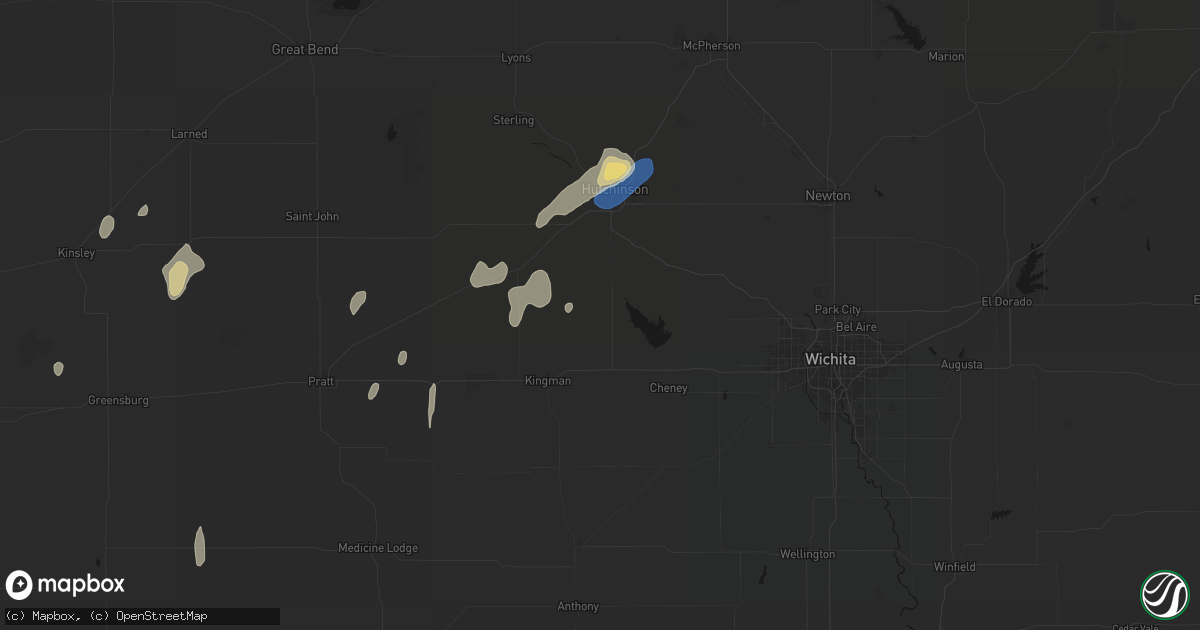 Hail map in Pretty Prairie, KS on August 14, 2026