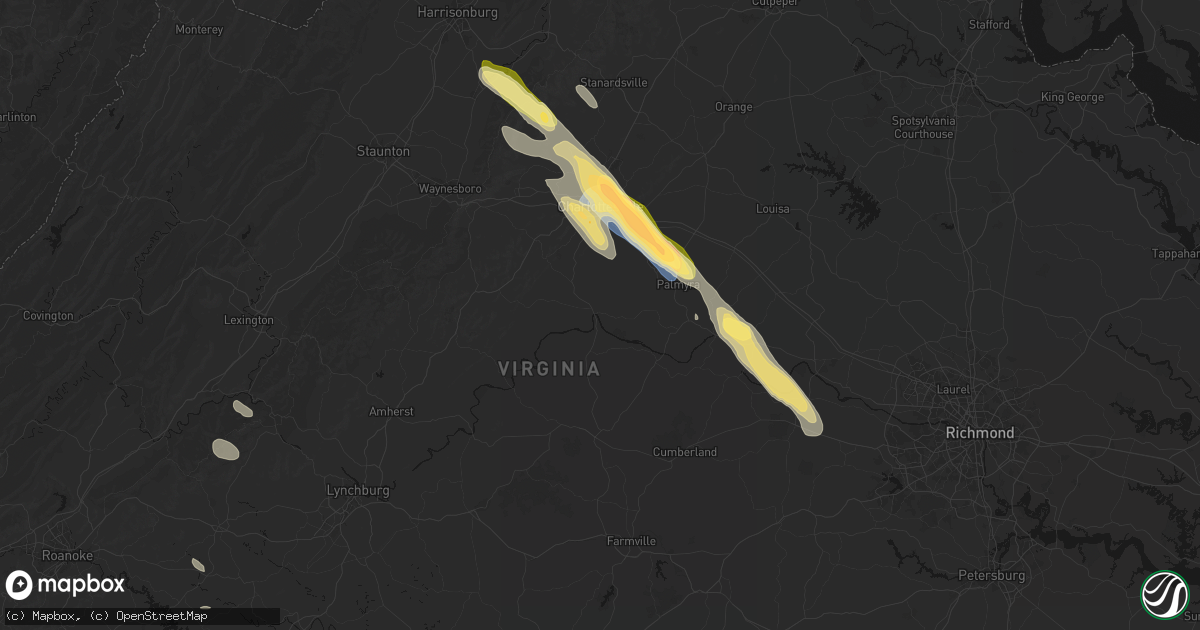 Hail map in Scottsville, VA on August 14, 2026