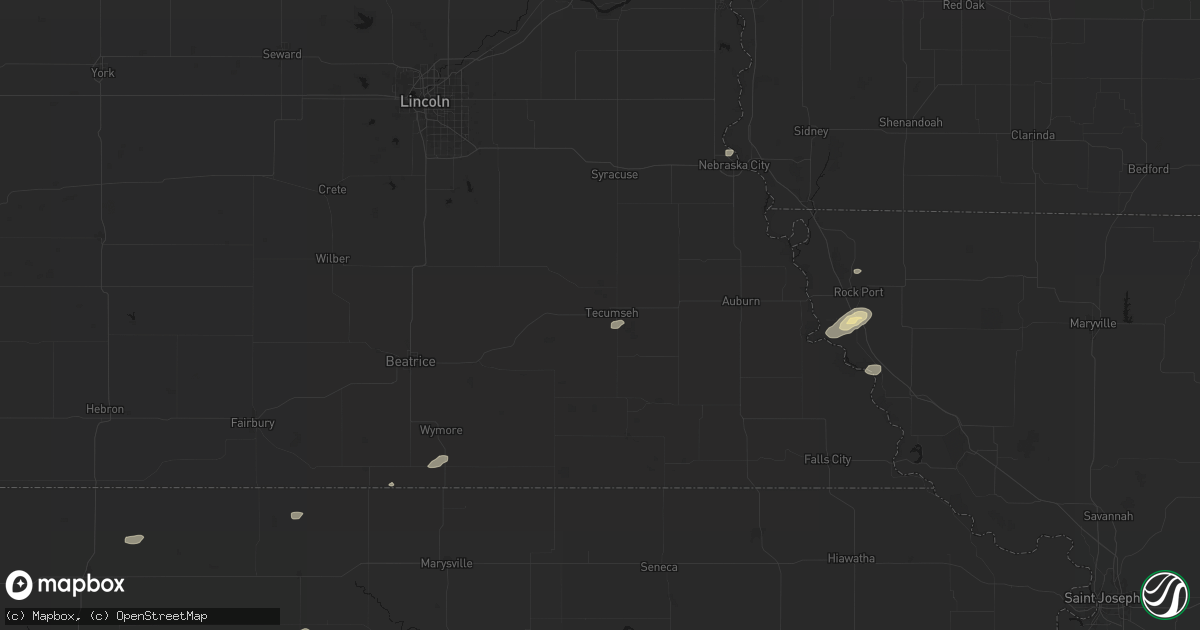 Hail map in Tecumseh, NE on August 14, 2026