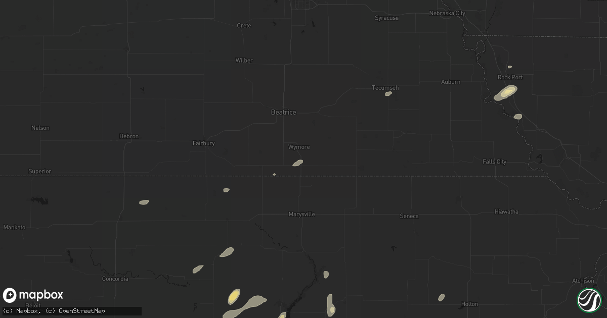 Hail map in Wymore, NE on August 14, 2026