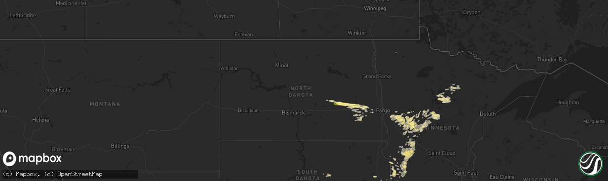 Hail map in North Dakota on August 15, 2015