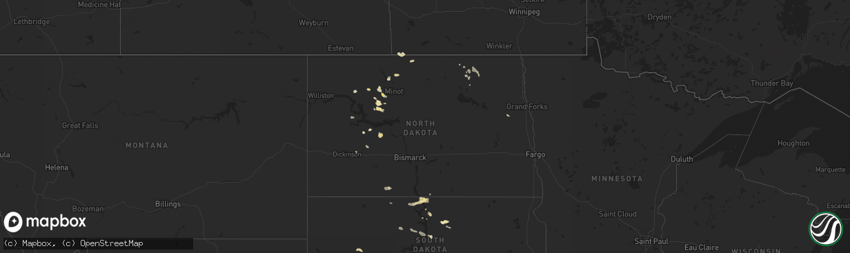 Hail map in North Dakota on August 15, 2016