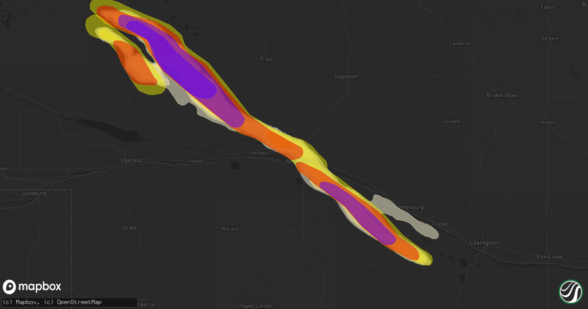 Hail map in North Platte, NE on August 15, 2018