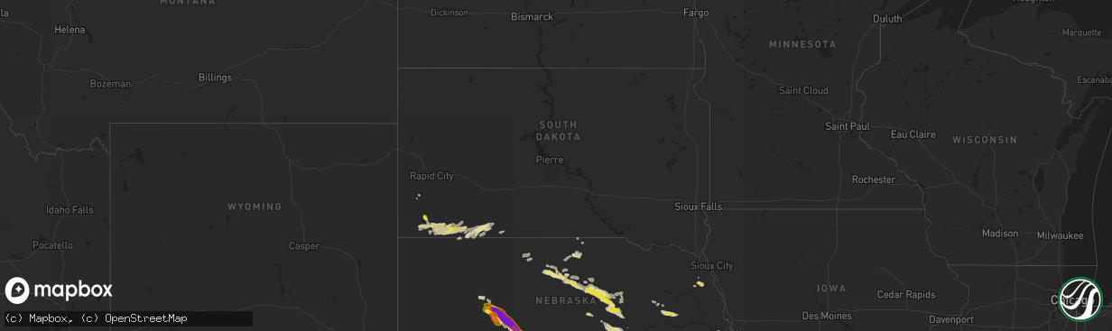 Hail map in South Dakota on August 15, 2018