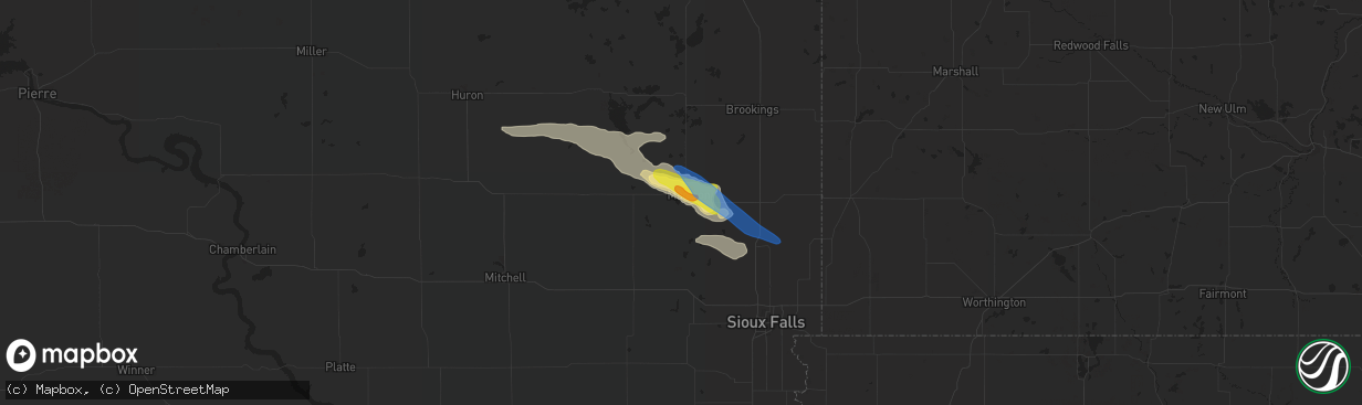 Hail map in Madison, SD on August 15, 2019