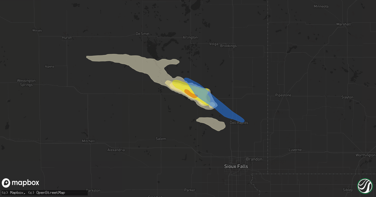 Hail map in Madison, SD on August 15, 2019