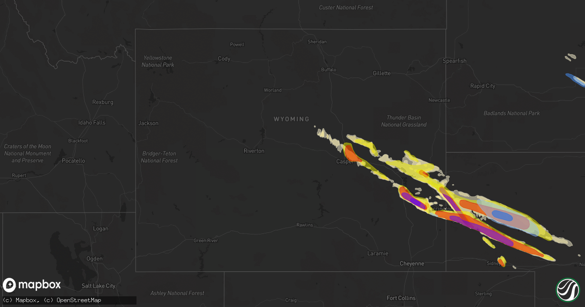 Hail map in Wyoming on August 15, 2019