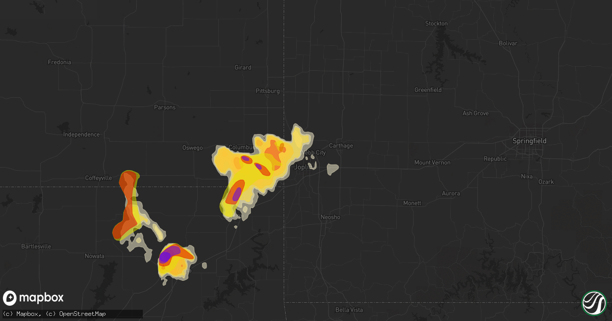 Hail map in Joplin, MO on August 15, 2020
