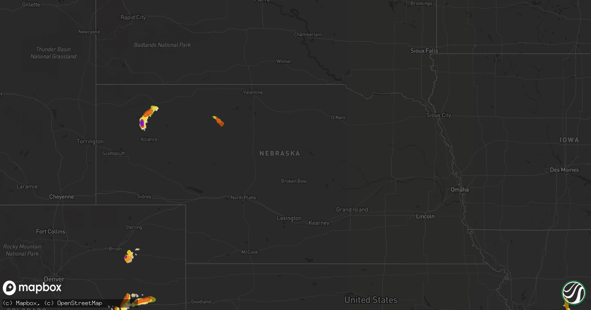 Hail map in Nebraska on August 15, 2020