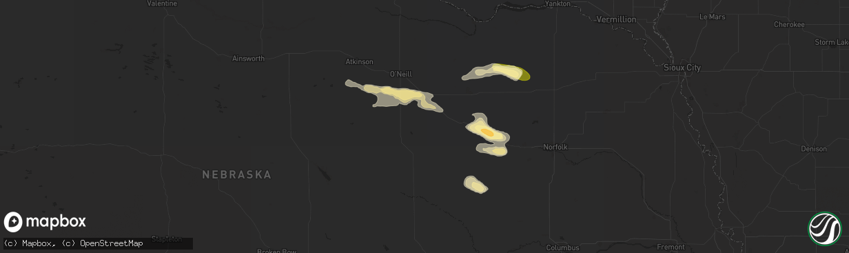 Hail map in Ewing, NE on August 15, 2024