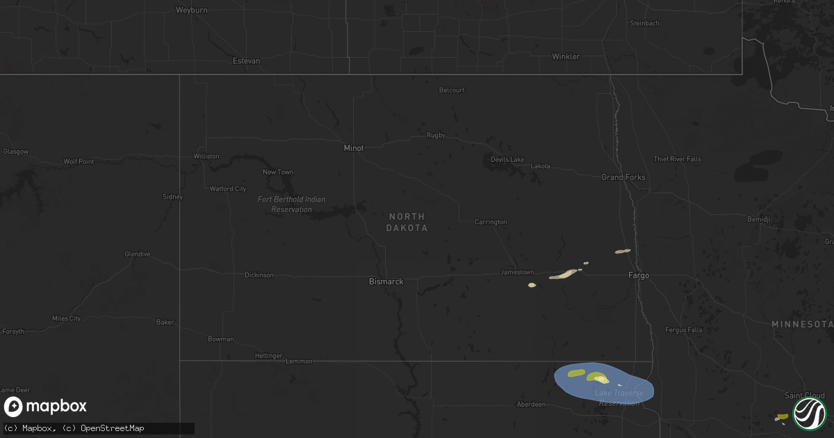 Hail map in North Dakota on August 15, 2025