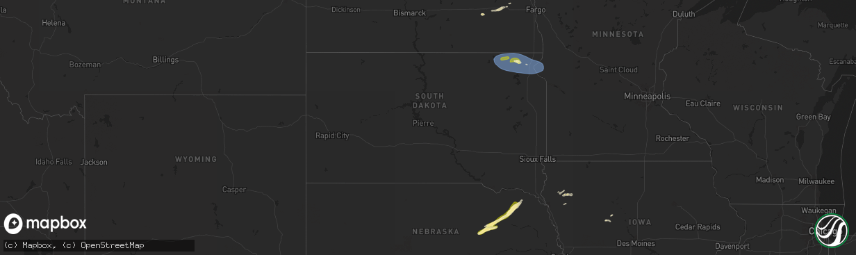 Hail map in South Dakota on August 15, 2025