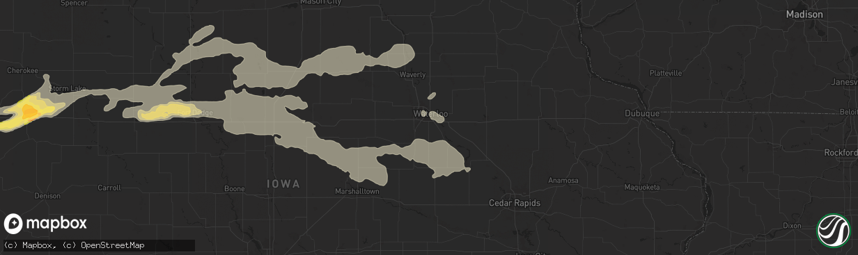 Hail map in Waterloo, IA on August 15, 2025