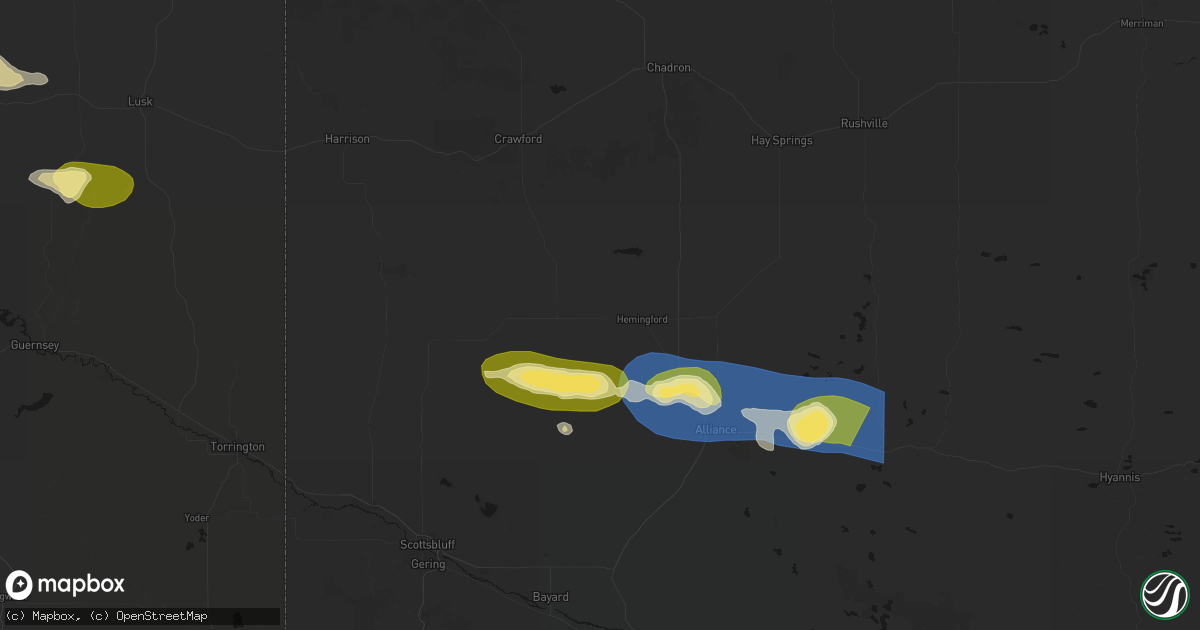 Hail map in Hemingford, NE on August 15, 2026