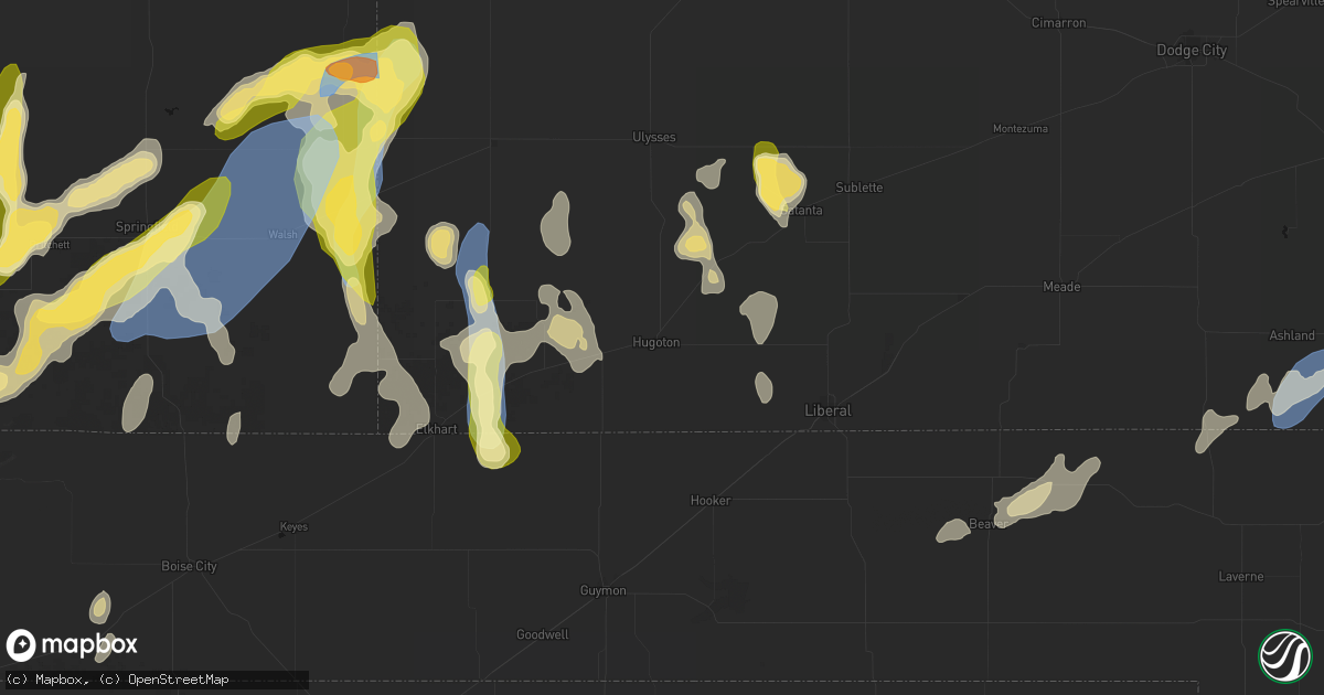 Hail map in Hugoton, KS on August 15, 2026