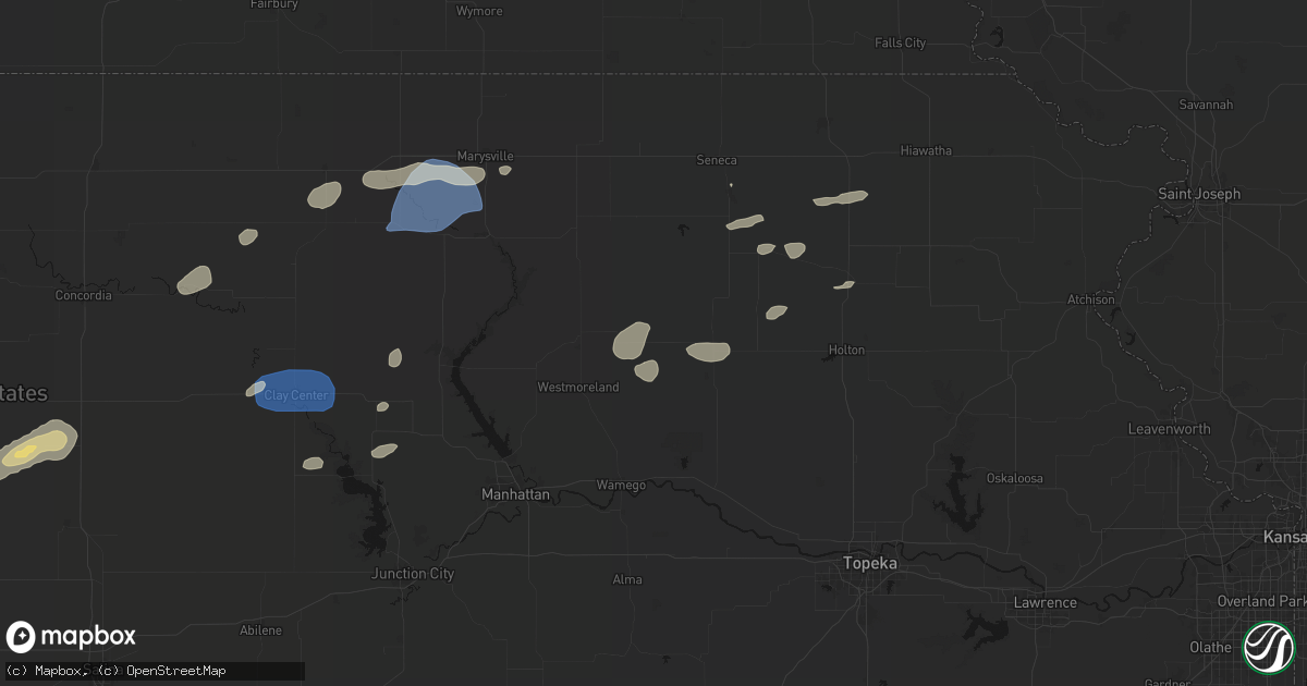 Hail map in Onaga, KS on August 15, 2026