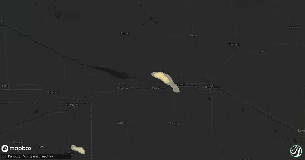 Hail map in Paxton, NE on August 15, 2026