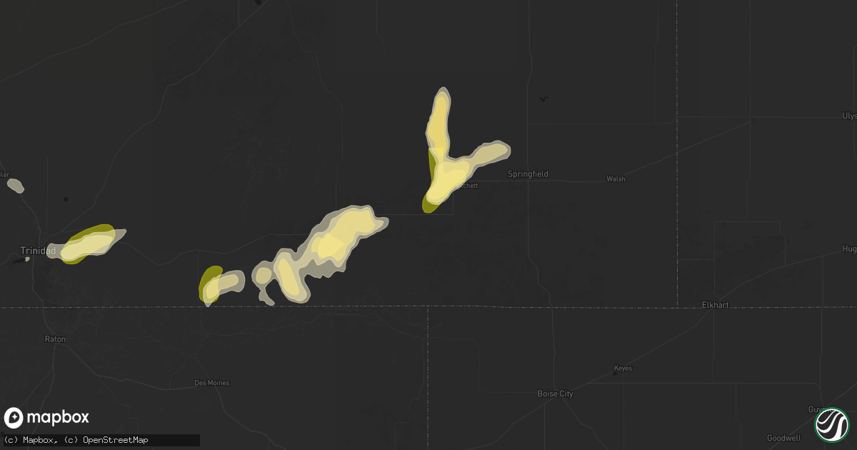 Hail map in Pritchett, CO on August 15, 2026
