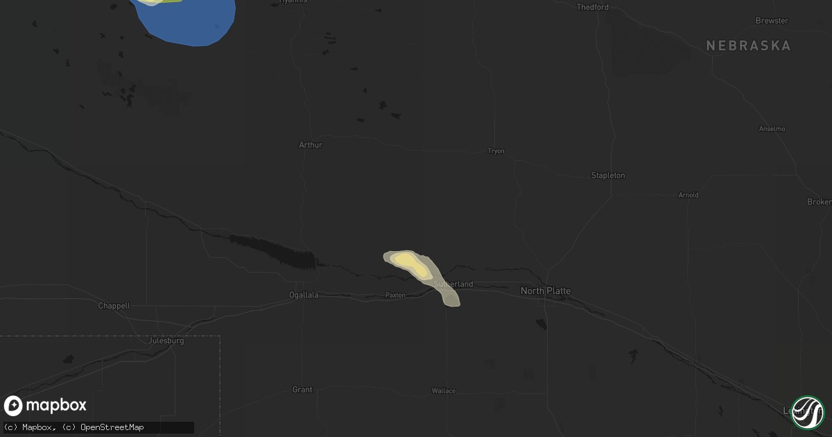 Hail map in Sutherland, NE on August 15, 2026