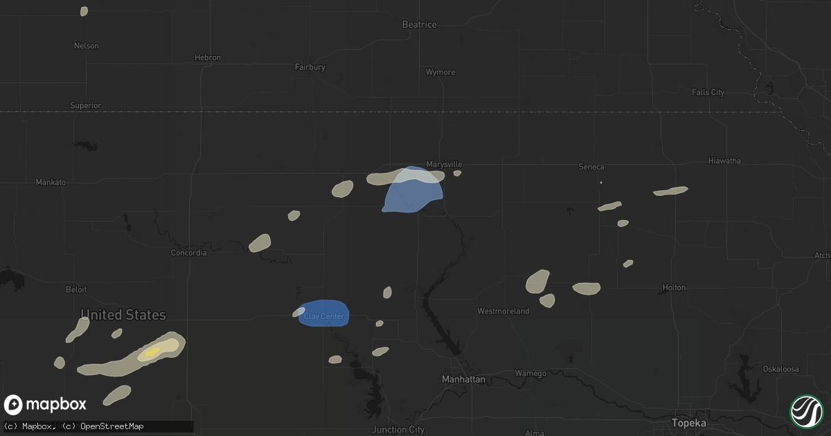 Hail map in Waterville, KS on August 15, 2026