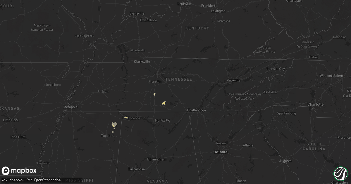 Hail map in Tennessee on August 16, 2015