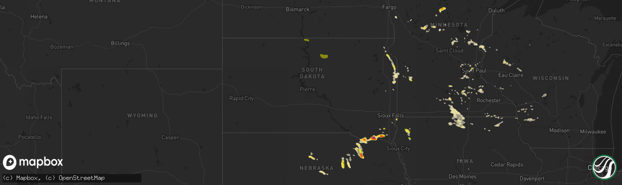 Hail map in South Dakota on August 16, 2016