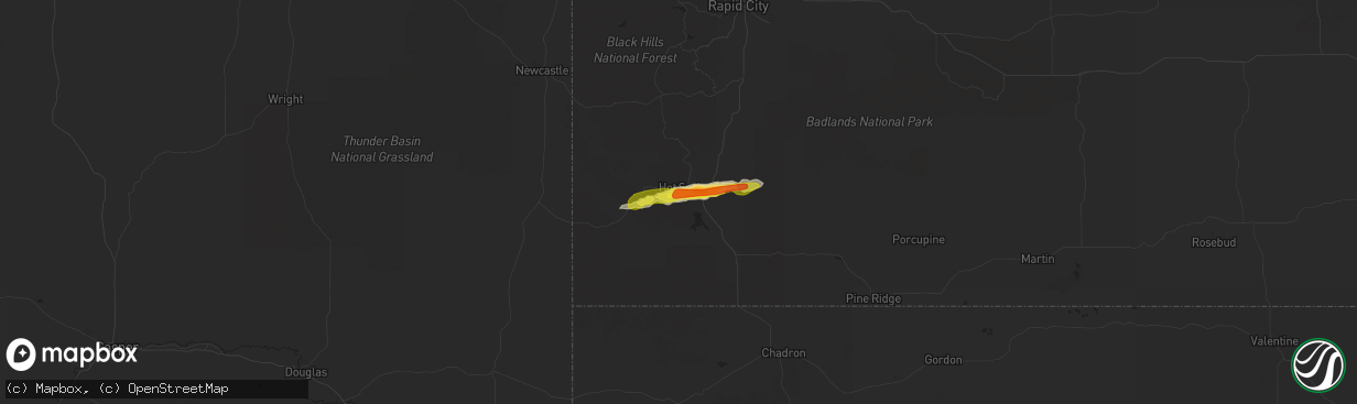 Hail map in Hot Springs, SD on August 16, 2019