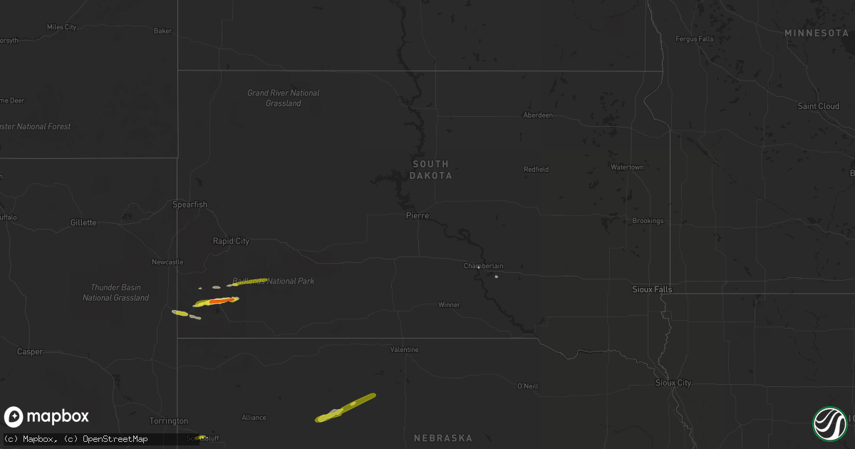 Hail map in South Dakota on August 16, 2019