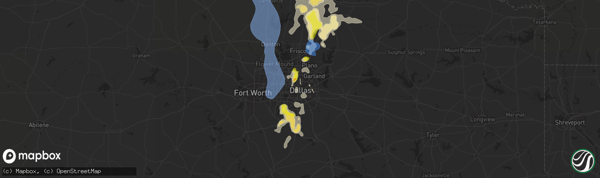 Hail map in Dallas, TX on August 16, 2020