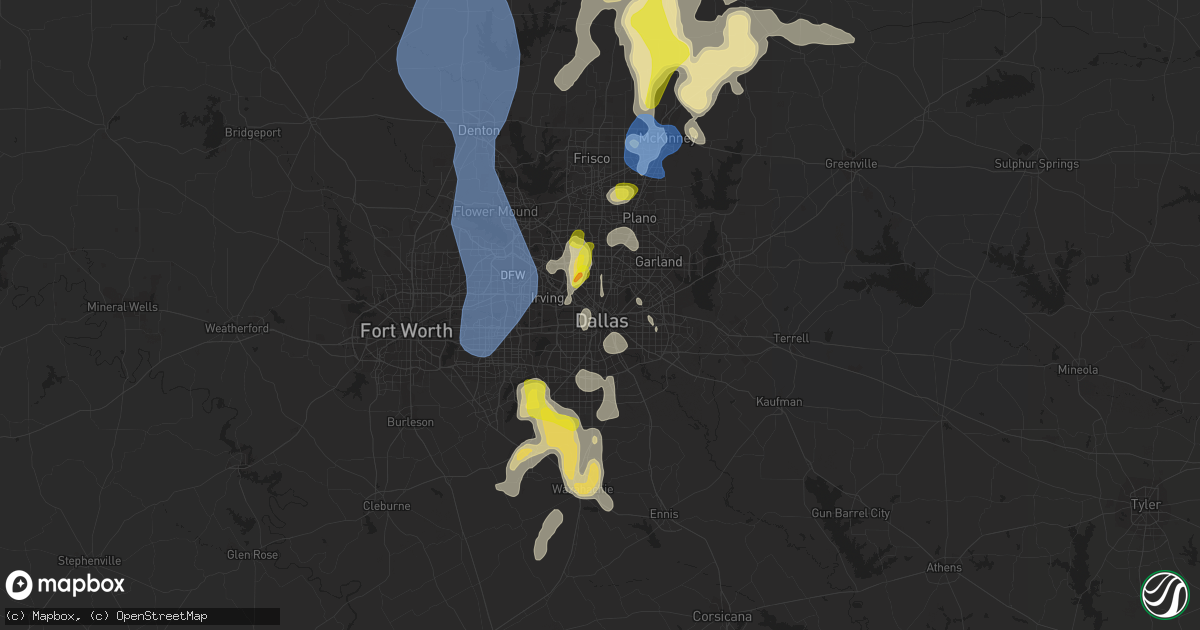 Hail map in Dallas, TX on August 16, 2020
