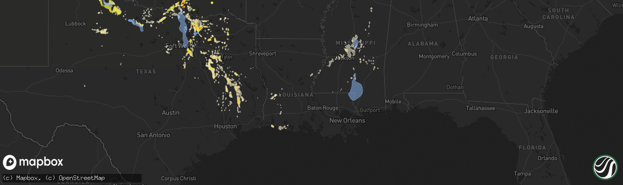 Hail map in Louisiana on August 16, 2020