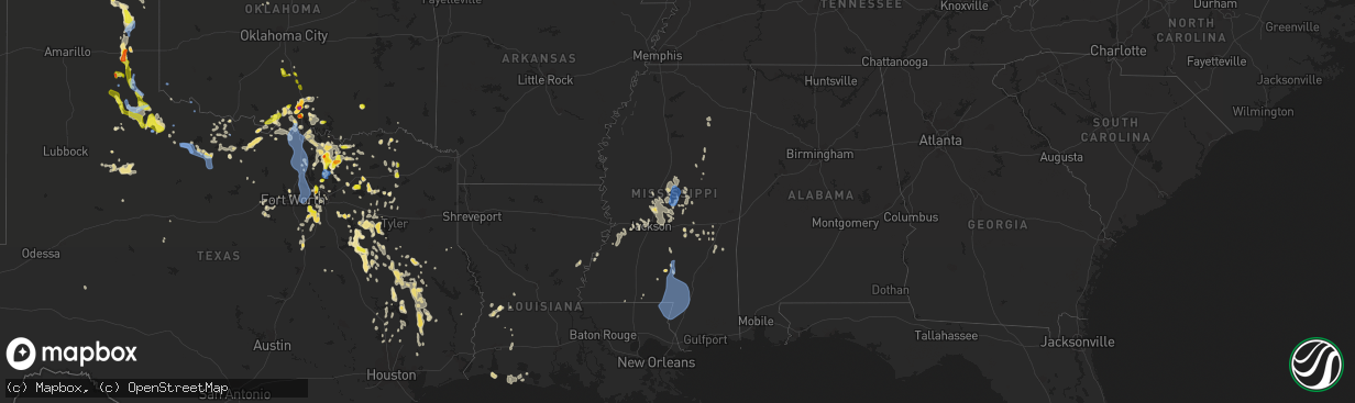 Hail map in Mississippi on August 16, 2020