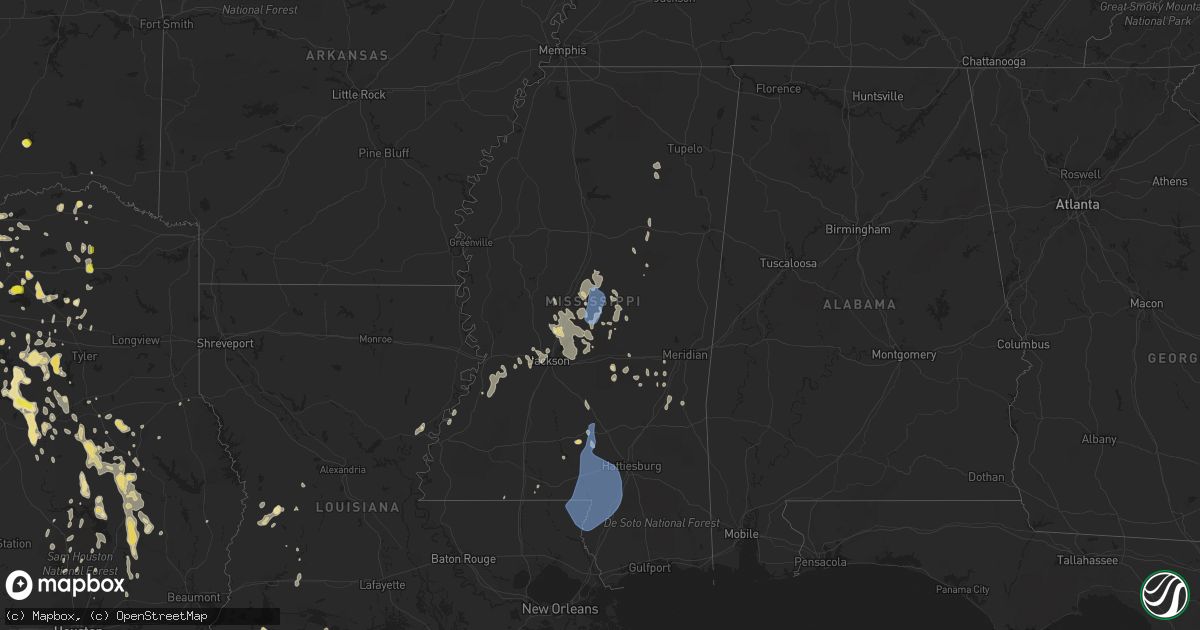 Hail map in Mississippi on August 16, 2020