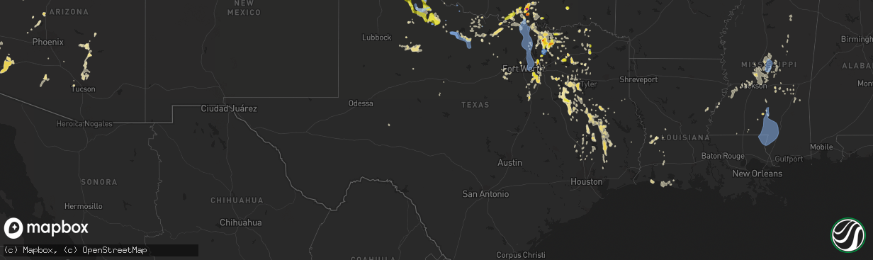 Hail map in Texas on August 16, 2020