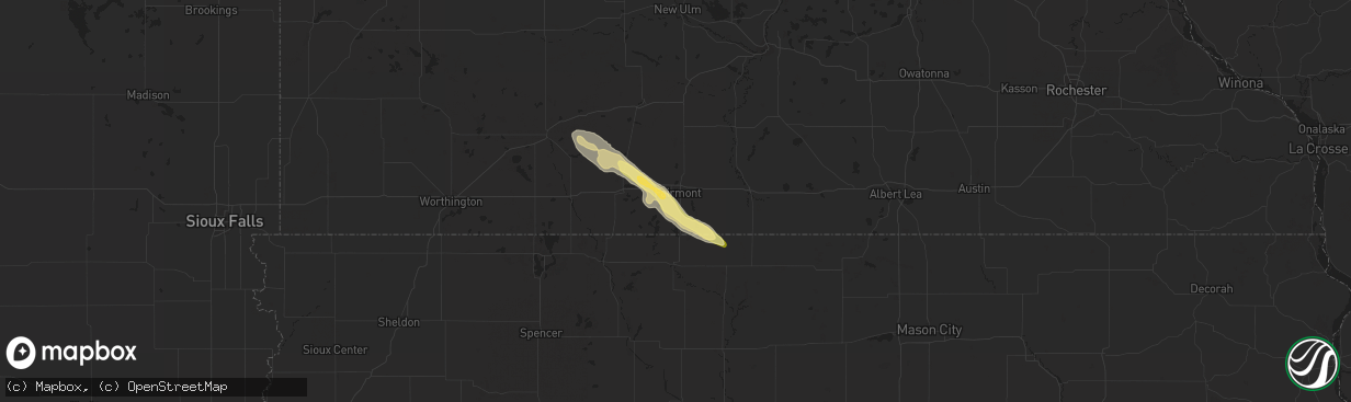 Hail map in Fairmont, MN on August 16, 2023